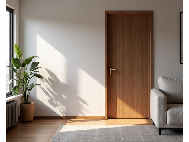 A quiet living room with a closed acoustic door separating it from a hallway, visually emphasizing privacy and a peaceful atmosphere.